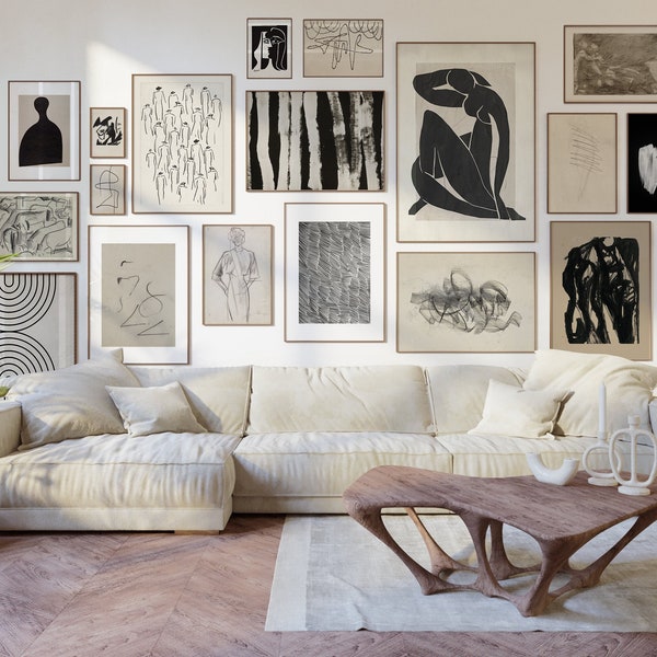 Abstract Gallery Wall Art Set: Black and Beige Prints (Digital Download)