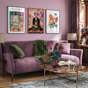 Maximalist Gallery Wall Set de 3, Boho Eclectic Print Set, Pink Tones Art, Frida Kahlo Poster, Matisse Exhibition, Digital Download