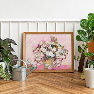 Cuadro de flores de Van Gogh, rosas en un jarrón, decoración de pared impresionista, flores rosas, póster botánico, DESCARGA DIGITAL