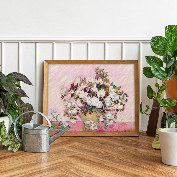 Van Gogh Flower Painting, Roses in a vase, impressionism wall art decor, pink flowers, botanical poster, DIGITAL DOWNLOAD