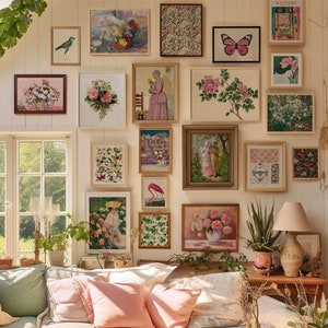 Cottage Gallery Wall Set of 20, Cottagecore Eclectic Wall Art, English Cottage, Pink and Green Decor, Van Gogh, Matisse, DIGITAL DOWNLOAD