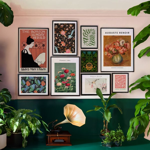 Gallery Wall Art Set of 9, Eclectic Print Set, Botanical Wall Art, Flower Market, Boho Wall Decor, Vintage Botanicals, Digital Download