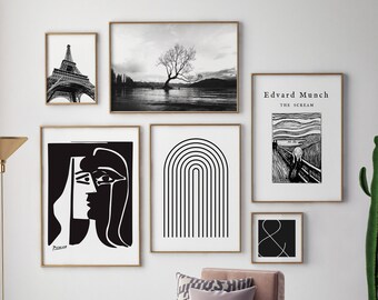 Black and white gallery wall prints set of 6, Eclectic Prints, Black Abstract Art, Picasso, Edvard Munch the Scream, Ampersand, eiffel tower