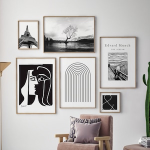 Black and white gallery wall prints set of 6, Eclectic Prints, Black Abstract Art, Picasso, Edvard Munch the Scream, Ampersand, eiffel tower