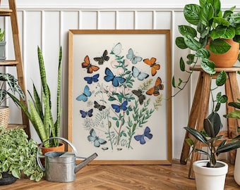 Butterfly Print, Butterfly illustrations, Botanical Wall Art, Vintage Flowers, Vintage Sketch, Retro Poster, Home Decor, Wall Decor
