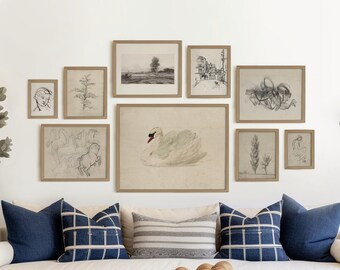 Vintage Gallery Wall Set of 9, Drawing Print Set, Nautral Sketch Art, Beige Tones , Modern Traditional, Antique Decor