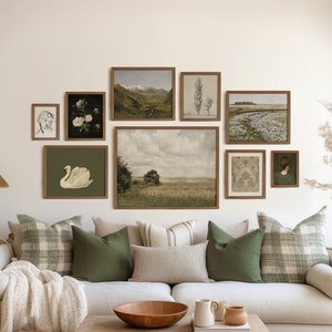 Vintage Gallery Wall Set of 9, Farmhouse Wall Art, Green Tones Wall Print Set, Modern Traditional, Antique Decor, DIGITAL DOWNLOAD