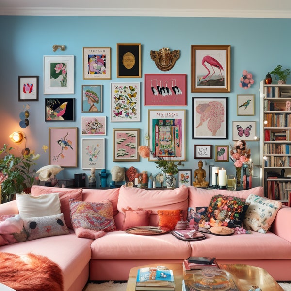 Galerijwandset van 20, roze eclectisch decor, maximalistische kleurrijke kunst, meisjeskamer, Van Gogh, Matisse, Frida, Picasso, DIGITALE DOWNLOAD