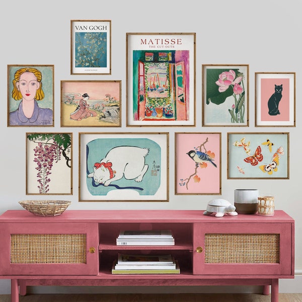 Eclectic Gallery Wall Print Set, Set of 10, Vibrant Wall Art, Henri Matisse, Van Gogh, Cute Cats, Pink & Blue Tones, Wall decor, Home Decor