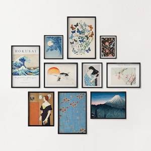 Japanese gallery wall art set of 10, Eclectic Print Set,  asian art print, blue gallery wall set, Vintage Art, Ohara Koson, Hiroaki