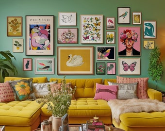 Eclectic Gallery Wall Art Set: Pink, Yellow, Van Gogh, Matisse (Digital Download)