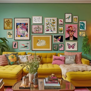 Maximalistische Galeriewand 20er-Set, rosa-gelbes eklektisches Dekor, farbenfrohe Kunst, Mädchenzimmer, Van Gogh, Matisse, Frida, Picasso, DIGITALER DOWNLOAD