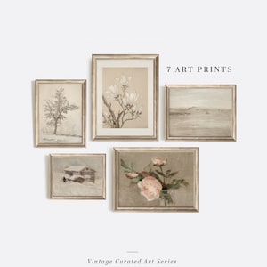 Vintage Neutral Gallery Wall Set, Set of FIVE, Farmhouse Wall Decor, Printable Digital Download