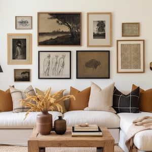 Vintage Gallery Wall Set of 9, Farmhouse Wall Art, Dark Moody Wall Print Set, Brown Tones, Modern Traditional, Antique Wall Decor
