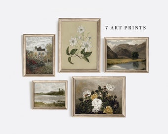 Vintage Green Neutral Tone Gallery Wall Set, Set of FIVE, Printable Digital Download