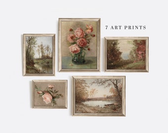 Vintage Gallery Wall Set, Pink Green Prints, Set of Five, Printable Digital Download