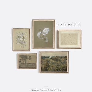 Vintage Soft Green Gallery Wall Art Set of 5, Vintage Wall Decor, Printable Digital Download