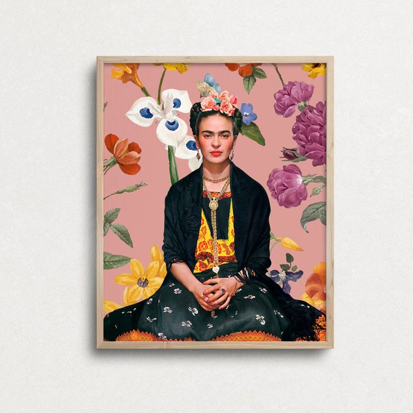 Frida Kahlo Portrait print, Frida Kahlo self portrait, Feminist Wall Art, Girl Power, Pink Boho Home Decor, Floral Pattern, Flower print