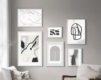 black and white wall art set of 6, black and white abstract wall art set, black and white prints, black and white poster set