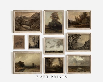 May include: A set of seven framed art prints featuring landscapes with trees, rivers, and skies in muted tones. The prints are in simple, light wood frames and are arranged in a grid pattern on a white wall. The text "7 ART PRINTS" is displayed below the prints.