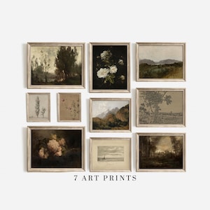 May include: A collection of seven framed art prints. The prints feature vintage landscape and floral paintings in neutral tones, with a variety of scenes including trees, mountains, and flowers. The text "7 ART PRINTS" is displayed at the bottom.