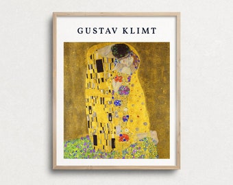 Gustav Klimt Print, Voor Eclectisch, De Kus Poster, Reproductie, Fine Art, Klimt Schilderij, Goudgeel decor, afdrukbare Chique moderne kunst