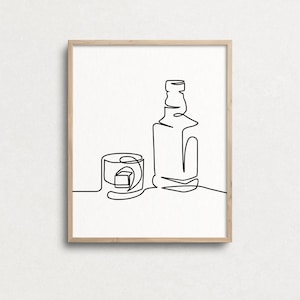 ドリンクプリント、ウイスキープリント、細線アート、キッチンアート、線画ドリンク、バーカートプリント、バーカートアート、ミニマルキッチンデコレーション