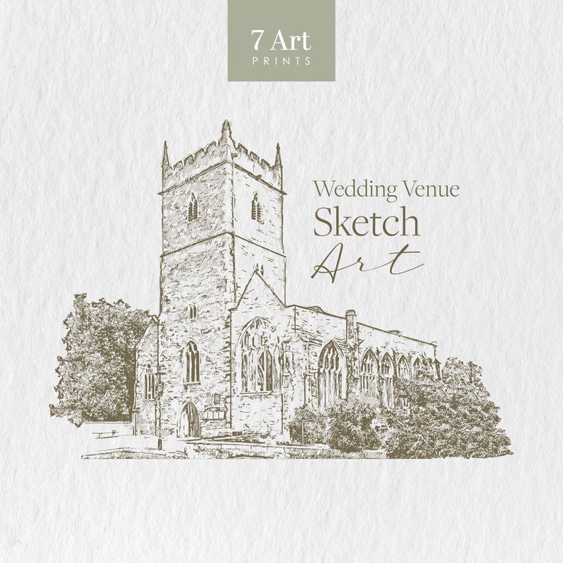 May include: A sepia-toned sketch of a church with a tall steeple and arched windows. The artwork is labeled "Wedding Venue Sketch Art" with the "7 Art Prints" logo in the upper left corner. The drawing style is detailed and architectural.