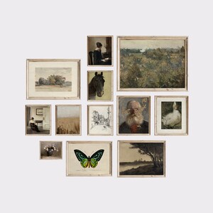 May include: A collection of framed artwork with various subjects, including a horse, a woman reading, a landscape, a city scene, a portrait, a goose, and a butterfly. The frames are all white and have a rustic look.