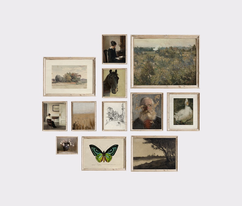 May include: A collection of framed artwork with various subjects, including a horse, a woman reading, a landscape, a city scene, a portrait, a goose, and a butterfly. The frames are all white and have a rustic look.
