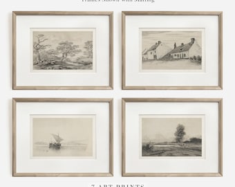 Vintage Landscape Sketch Art Print Set of Four (Digital Download)