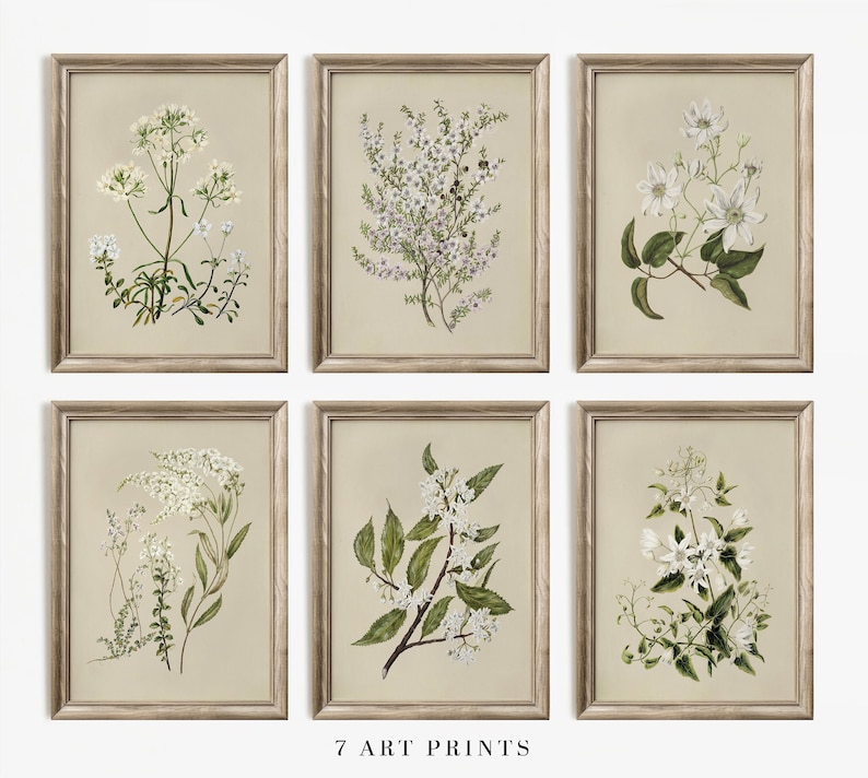 May include: Set of seven botanical art prints featuring white flowers with green leaves. The prints are framed in a light wood frame and have a beige background.