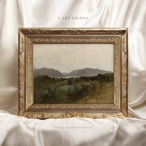 Impression paysage vintage : scène de Moody Meadow, oeuvre d&#39;art murale de ferme (téléchargement numérique)