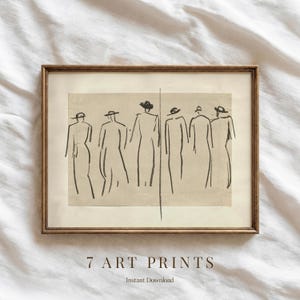 Puede incluir: Una impresión artística enmarcada con un boceto minimalista de siete figuras con sombreros y abrigos largos. La obra de arte es en blanco y negro, con el texto "7 ART PRINTS" y "Instant Download" en la parte inferior.