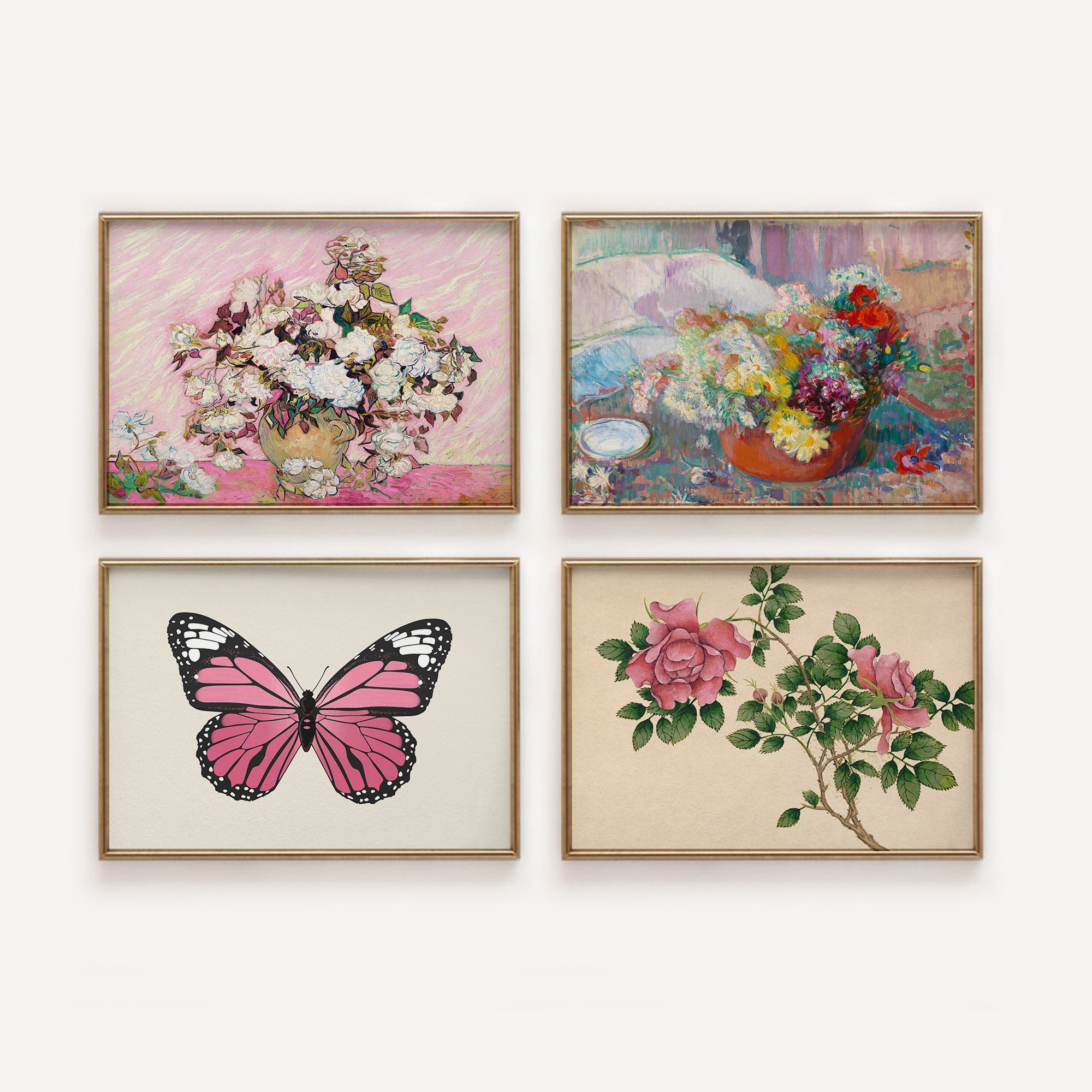 Cottagecore Gallery Wall Art Set: Eclectic Pink & Green Prints (digital ...