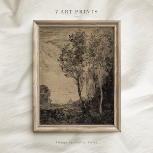 Op de afbeelding: Een zwart-witte vintage kunstprint van een landschap met bomen en een gebouw in de verte. De print is ingelijst in een lichtbruin houten lijst. De tekst "7 ART PRINTS" staat boven de lijst en "Vintage Curated Art Series" staat onder de lijst.