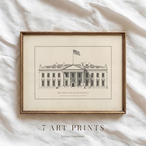 May include: Framed art print featuring a detailed black and white illustration of the White House in Washington, D.C., with an American flag waving above. The print is set against a cream-colored background and framed in a brown wooden frame. Text at the bottom reads "THE WHITE HOUSE, WASHINGTON".