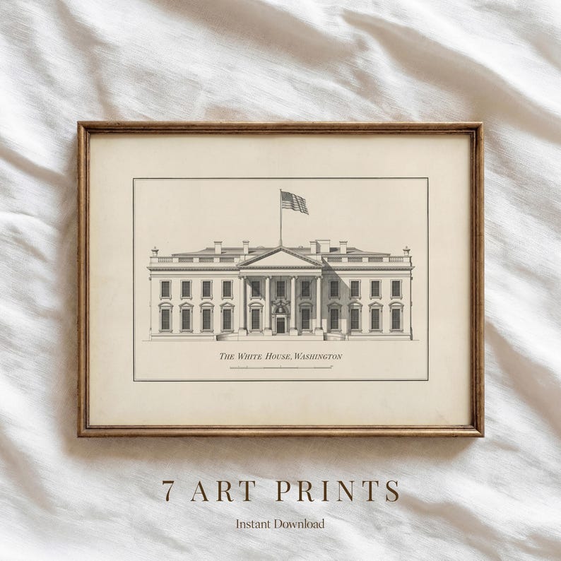 May include: Framed art print featuring a detailed black and white illustration of the White House in Washington, D.C., with an American flag waving above. The print is set against a cream-colored background and framed in a brown wooden frame. Text at the bottom reads "THE WHITE HOUSE, WASHINGTON".