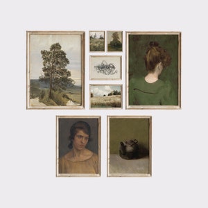 May include: A gallery wall of framed artwork featuring a variety of landscapes, portraits, and still life scenes. The artwork is in a vintage style with muted colors and a rustic aesthetic.