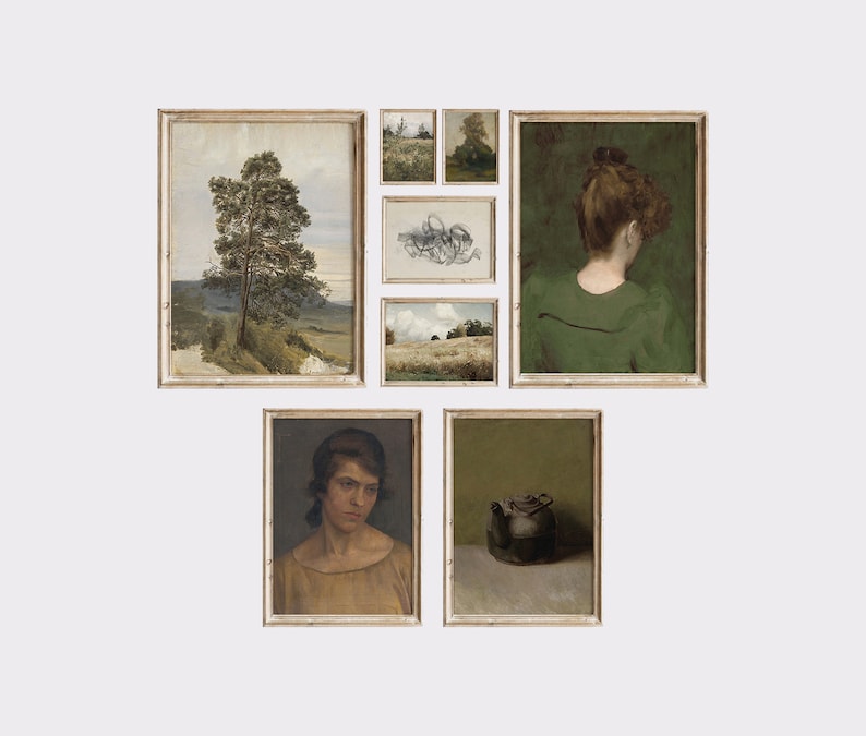 May include: A gallery wall of framed artwork featuring a variety of landscapes, portraits, and still life scenes. The artwork is in a vintage style with muted colors and a rustic aesthetic.