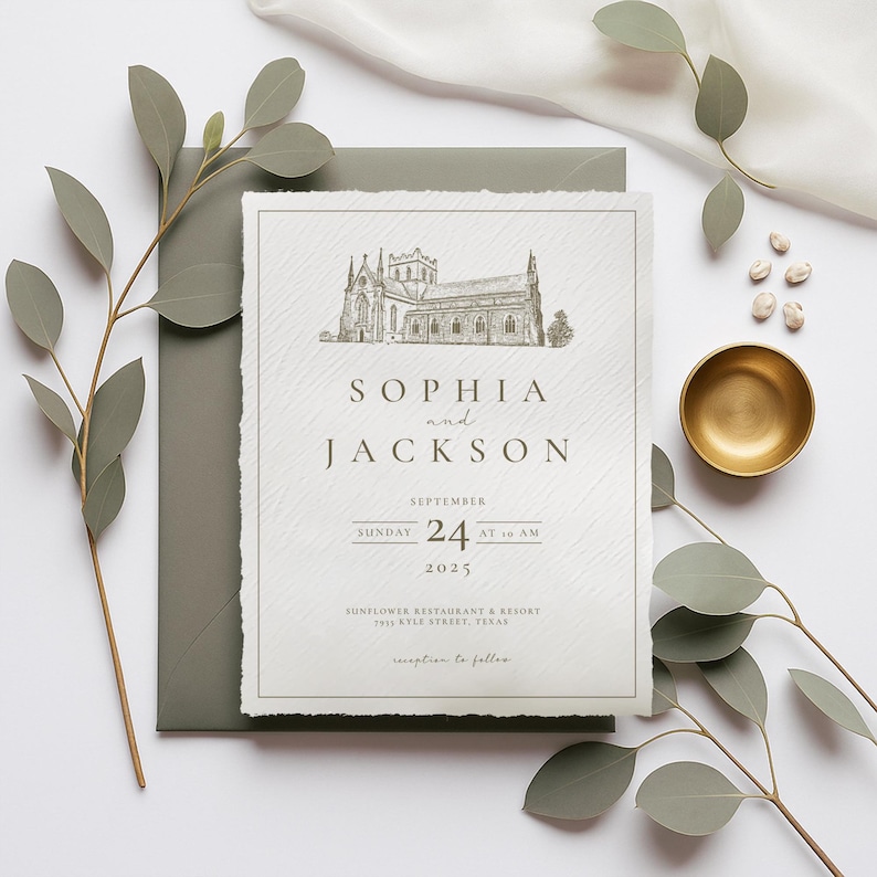 May include: Wedding invitation featuring a detailed sketch of a church, with the names "Sophia and Jackson" and the date "September 24, 2025." The invitation is on textured paper, accompanied by a green envelope and eucalyptus sprigs. A gold bowl is also present.