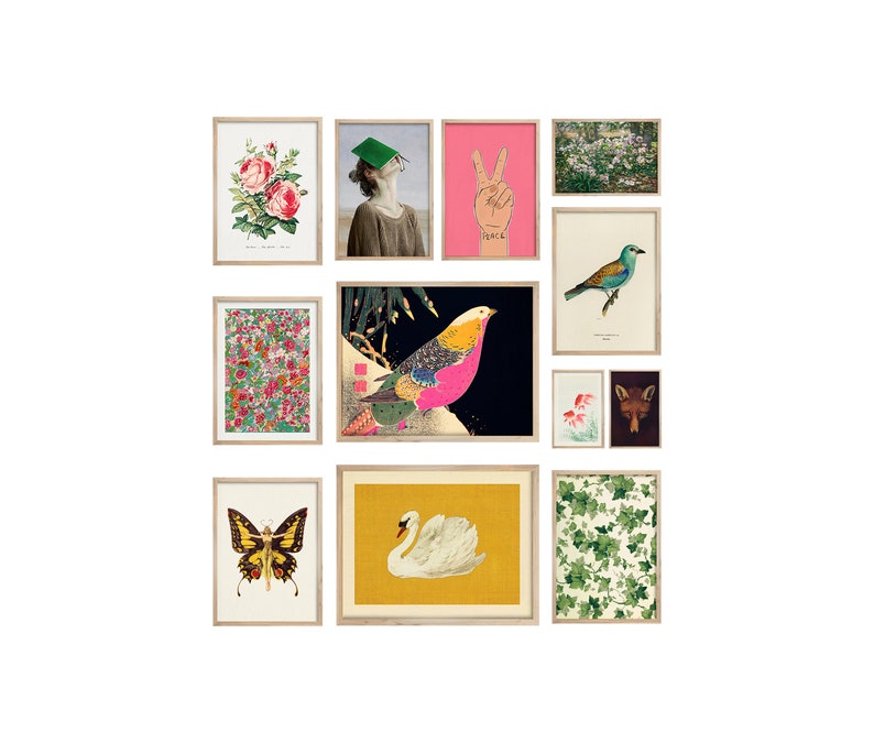 May include: A gallery wall of framed prints featuring a variety of images, including a bird, a butterfly, a swan, a fox, a hand making a peace sign, a floral pattern, and a rose.
