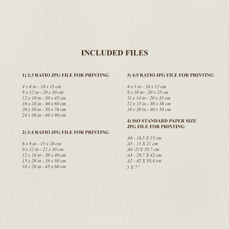 May include: A list of included files for printing in different aspect ratios and standard paper sizes. The ratios include 2:3, 3:4, and 4:5. The standard paper sizes include A6, A5, A4, A3, A2, and 5x7 inches. The measurements are listed in both inches and centimeters.