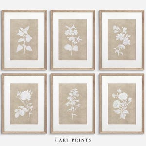 May include: Seven framed art prints displaying white botanical illustrations on a beige backdrop. The prints are in light brown wooden frames with white mounts. The text "7 ART PRINTS" is at the bottom of the image.