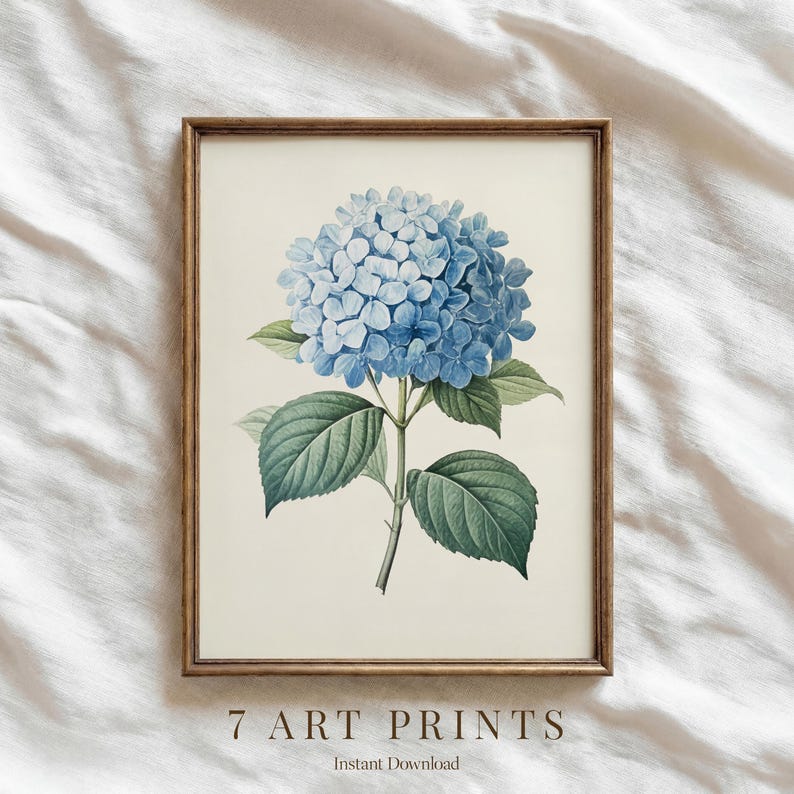 May include: A framed art print featuring a detailed illustration of a blue hydrangea flower with green leaves and stem. The print is set against a cream-colored background and framed in a wooden frame. The text "7 ART PRINTS" and "Instant Download" are at the bottom.