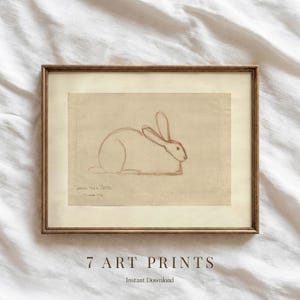 Vintage konijnschetsprint: rustieke dierenmuurkunst (digitale download) afbeelding 1