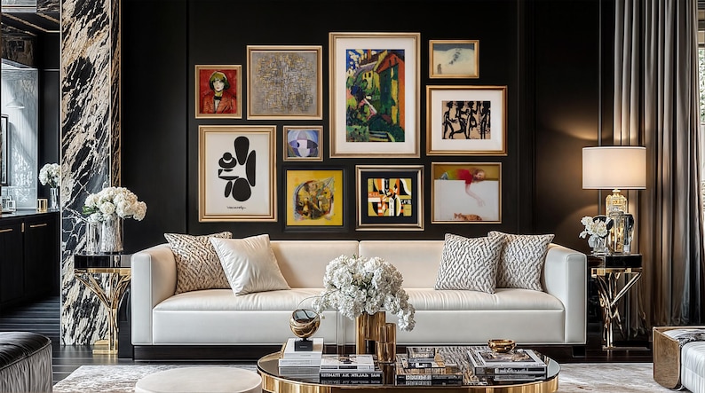 Puede incluir: Un sof&aacute; blanco con almohadas se encuentra frente a una pared negra con una pared de galer&iacute;a de obras de arte enmarcadas. Las obras de arte incluyen pinturas abstractas, paisajes y retratos. El sof&aacute; est&aacute; en una sala de estar con una mesa de caf&eacute; dorada y una mesa auxiliar dorada con una l&aacute;mpara.