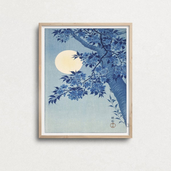 Japanase tree print,  Japan wall art, Ohara Koson, Blue tree illustration, Blossoming Cherry poster, japan gift idea, vintage wall art