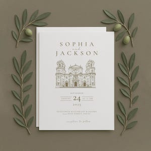 May include: A wedding invitation with the names "Sophia and Jackson" at the top, and a detailed illustration of a building. The date is September 24, 2025. Olive branches with olives frame the invitation on a neutral background.