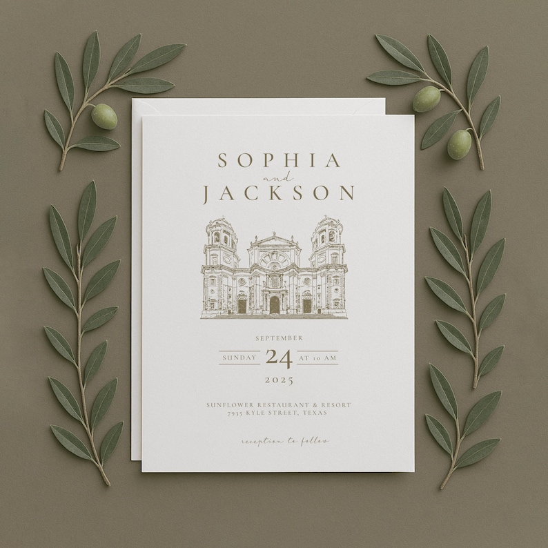 May include: A wedding invitation with the names "Sophia and Jackson" at the top, and a detailed illustration of a building. The date is September 24, 2025. Olive branches with olives frame the invitation on a neutral background.
